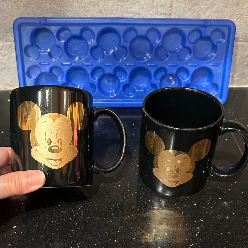 A Bundle of Disney Black & Gold Mickey Mouse Mugs and Mickey Mouse Ice Cube Tray
